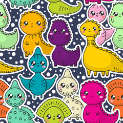 Naklejka premium Bezszwowy wzór z kawaii dinosaurami. Bohaterowie kreskówek. Ilustracji wektorowych