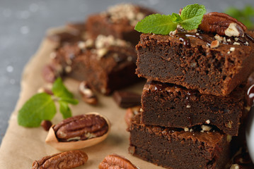Delicious chocolate brownie with pecan