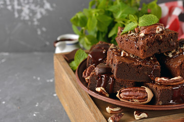 Delicious chocolate brownie with pecan