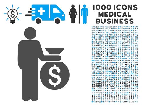 Investor icon with 1000 medical commerce gray and blue vector pictographs. Collection style is flat bicolor symbols, white background.