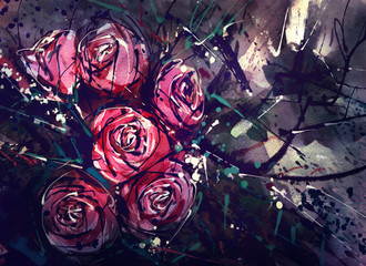 Naklejka premium Watercolor painting style roses Abstract Art.