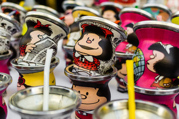 Traditional calabash gourds for drinking Argentina yerba mate tea with Mafalda image and bombilla...