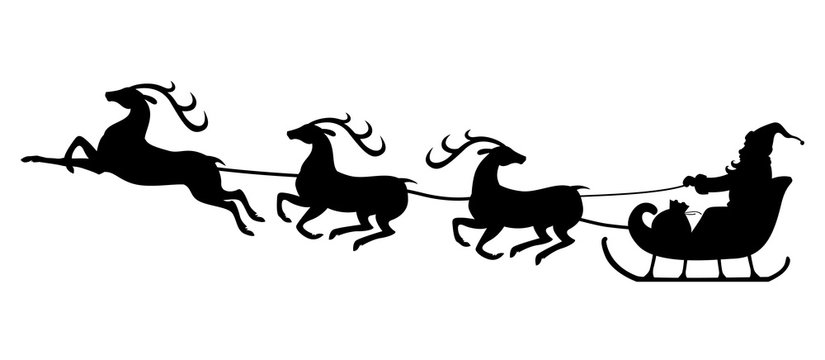 Christmas silhouette Santa riding on reindeer sleigh
