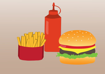 Simple illustration of  french fries, burger and ketchup. Flat design.  Vector poster of fast food
