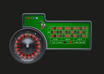 casino roulette wheel with  chips isolated on green  table reali
