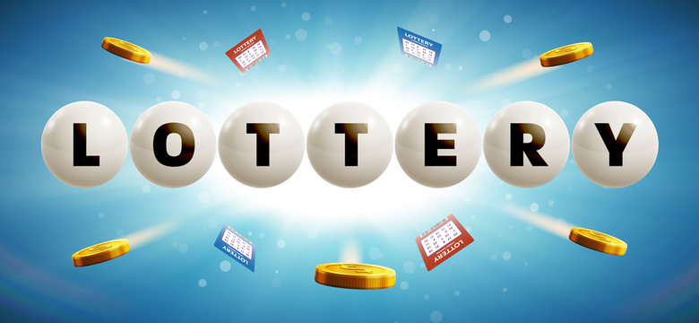 lottery balls isolated on blue glowing background with tickets a