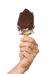 Ice cream in hand on a white background