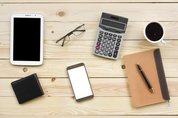 smartphone, tablet, diary or notebook, pen, calculator, eyeglass