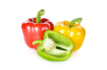 fresh green, red, yellow bell pepper with stem on white backgrou