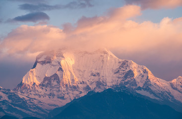 Dhaulagiri (8,167 m) the 7th highest mountain in the world with the morning sunrise view from the top of Poon hill.