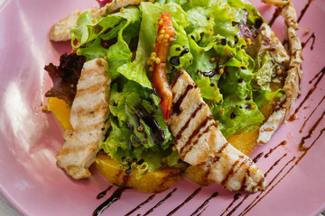 Healthy restaurant food, turkey salad closeup