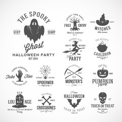 Vintage Halloween Vector Badges or Labels Templates. Witch, Ghost, Skull, Grave, Bats and Other Symbols with Retro Typography. Black.