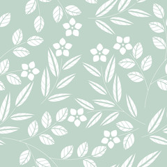 Cute seamless pattern with white flowers and leaves