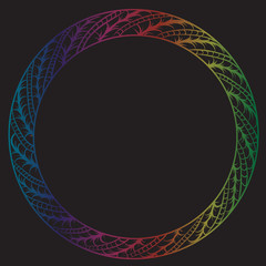 drawing of a round multi-colored gradient frame  with floral ornament on a black background
