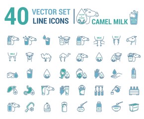 Obraz na płótnie Canvas Set vector icon graphic thin outline in a linear design. Element emblem symbols. camel's milk. Organic product. Milk cosmetics for hand care, hair care, treatment liver and body