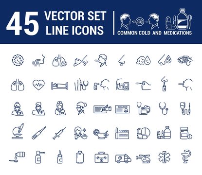 Vector graphic set in linear design. symbol and element. ?ommon cold. Symptoms. Medicaments tablets, antibiotics, treatment and prevention of disease. Doctor, nurse, stethoscope, blood pressure cuff.