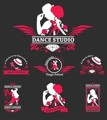 Set logo of dancing couple. Dancer tango illustrations. Dancing people set. The character set for tango. Use for tango studio poster, flayer, web-sites. Tango inscription.