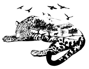 Vector Double exposure, Hand drawn jaguar © mirifadapt