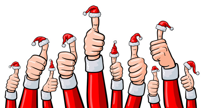 Set: Viele Weihnachtsmann-H&auml;nde mit Daumen hoch und Weihnachtsm&uuml;tzen / farbige Comic-Illustration / Vektor, freigestellt 