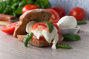 Sandwich with mozzarella, tomato and basil