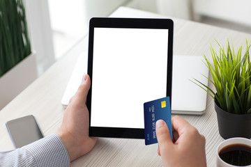 man holding tablet computer isolated screen credit card near pho