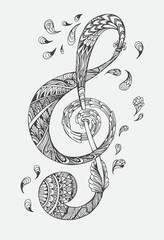 Fototapeta premium Ręcznie rysowane klucz muzyczny z etniczne ozdoby doodle wzór. Ilustracja wektorowa Henna Mandala Zentangle stylizowana na okładkę lub kartę, tatuaż więcej. Projekt dla duchowego relaksu dla dorosłych.