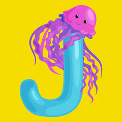 letter J with jellyfish animal for kids abc education in preschool.