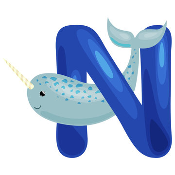 letter N with animal narwhal for kids abc education in preschool.