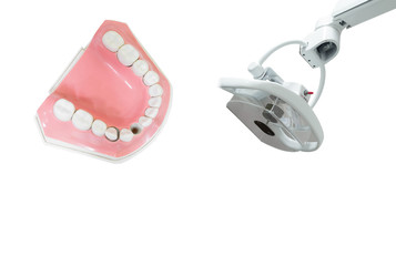 Dental Model of Teeth and lamp in dental clinic, Tool  physician,on white background.