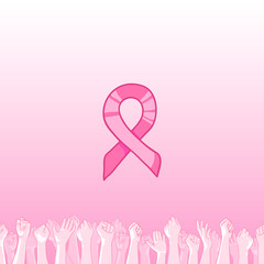 Pink ribbon, international symbol of breast cancer awareness. hand drawn illustration with raised hands of many people