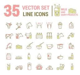 Set vector graphic thin outline icons in linear design. Element emblem symbols of milk, the dairy industry and dairy products.Organic product. Cheese, yogurt, cottage cheese, cream and condensed milk.