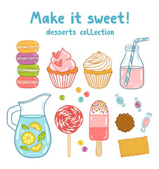 Cartoon desserts, sweets and drinks collection, vector illustration