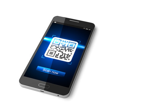 Smartphone with scanned QR code on display. 3D illustration