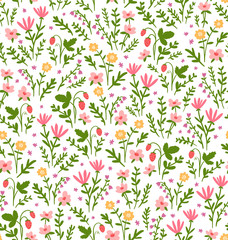 Beautiful seamless pattern with field flowers and strawberry