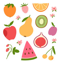 Stylized flat fruits, berries and pink flowers vector collection