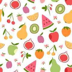 Stylized flat fruits, berries and pink flowers seamless pattern
