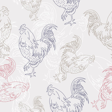 Cute colorful roosters on a gray background. Seamless pattern for your design