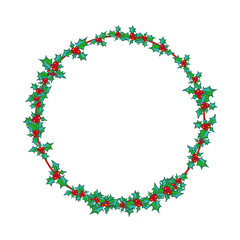 Holly Wreath, round frame. Vector hand drawn background, design element for Christmas and New Year greeting card or banner. Holly with berry, isolated on white