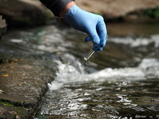 Water sample. Gloved hand into the water collecting tube. Analysis of water purity, environment,...
