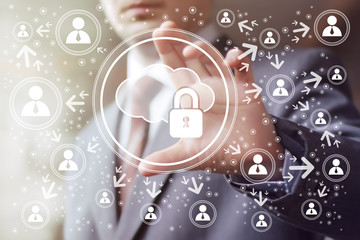 Fototapeta premium Businessman push button cloud lock sign network