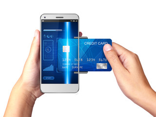 Mobile payment concept, Hand holding Smartphone with processing of mobile payments from credit card