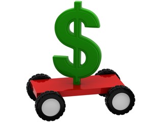 3D dollar sign on wheels on a white background