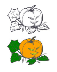 Hand drawn doodle Halloween pampkin. Black pen objects and color drawing. Design illustration for poster, flyer .