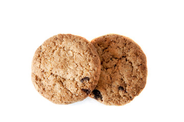 Two chocolate chip cookies isolated on white background.