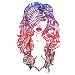 Vampire Girl Line Art. Hand drawn vector illustration. Black line on white background. Cartoon style. Could be used as design for coloring book or as part of Halloween decor.
