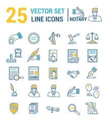 Vector set of icons in a linear design. Notary and notary office. Set of elements of legal Affairs, certification of papers, certificates, contracts, documents. Template for website, app, stamp.
