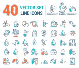 Set vector icons graphic thin outline in a linear design. Element emblem symbols of olive oil and oil cosmetics.Organic product. natural care of skin, hands, face. the concept of healthy eating.