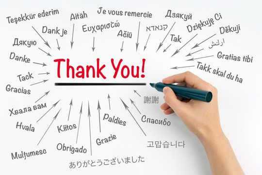 Hand with marker writing Thank You in different languages of the