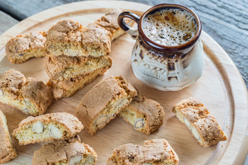 Cantuccini with almonds and cup of coffee