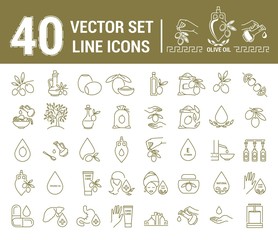 Set vector icons graphic thin outline in a linear design. Element emblem symbols of olive oil and oil cosmetics.Organic product. natural care of skin, hands, face. the concept of healthy eating.